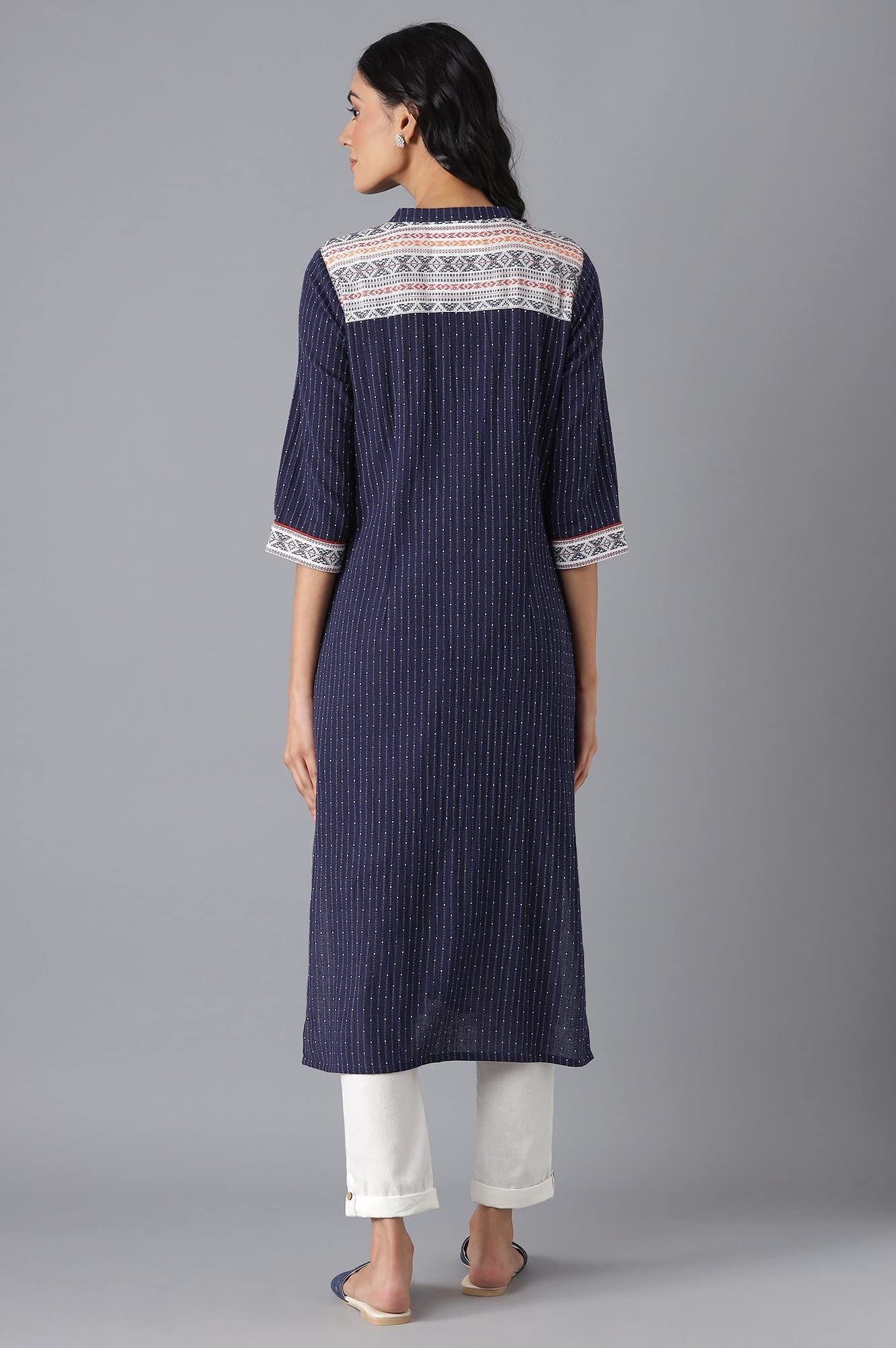 Aurelia Women's Cotton White Geometric Band Collar Straight Kurta