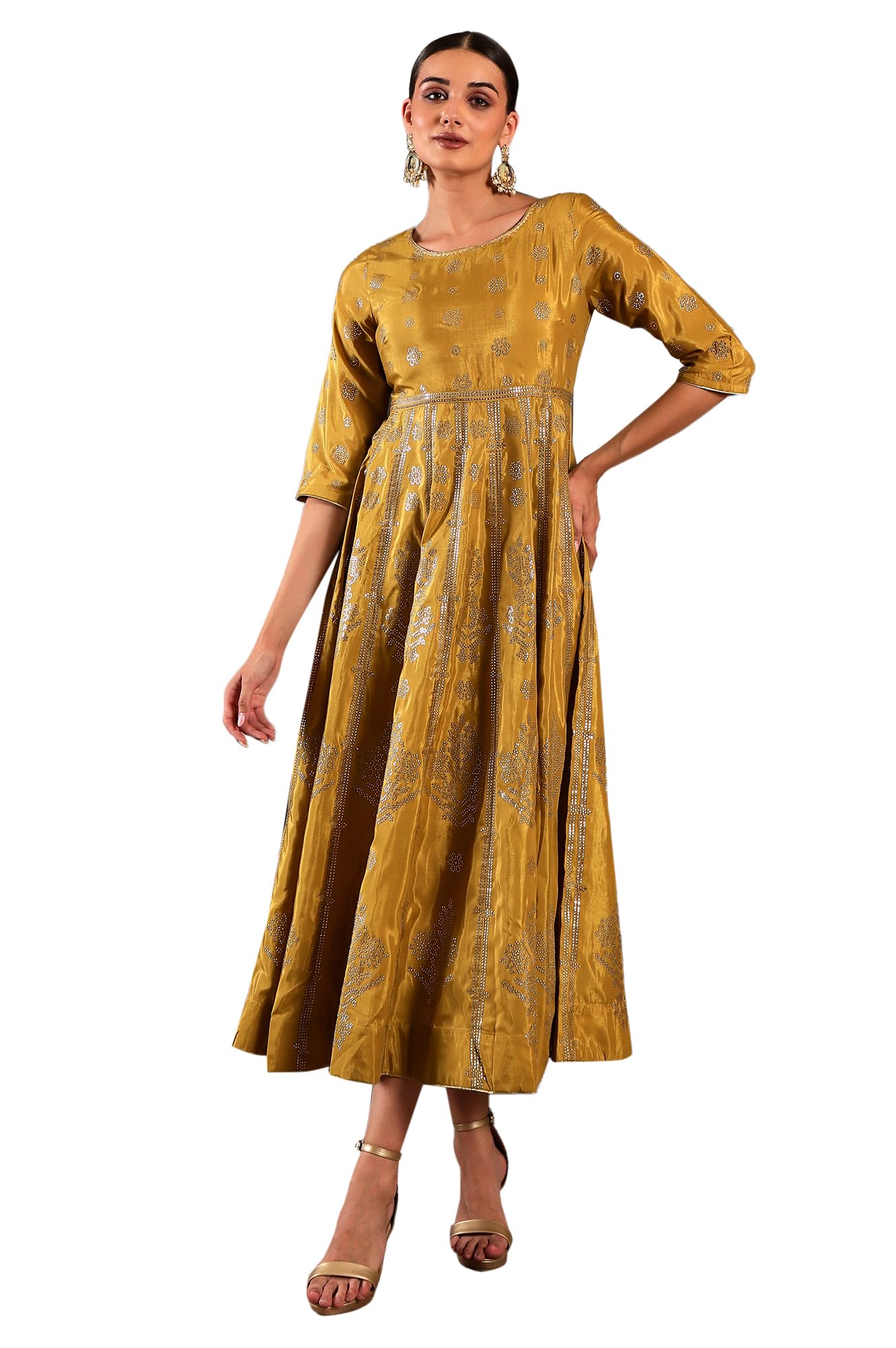 W For Woman Yellow Ethnic Motif Synthetic Maxi Dress With Sequins