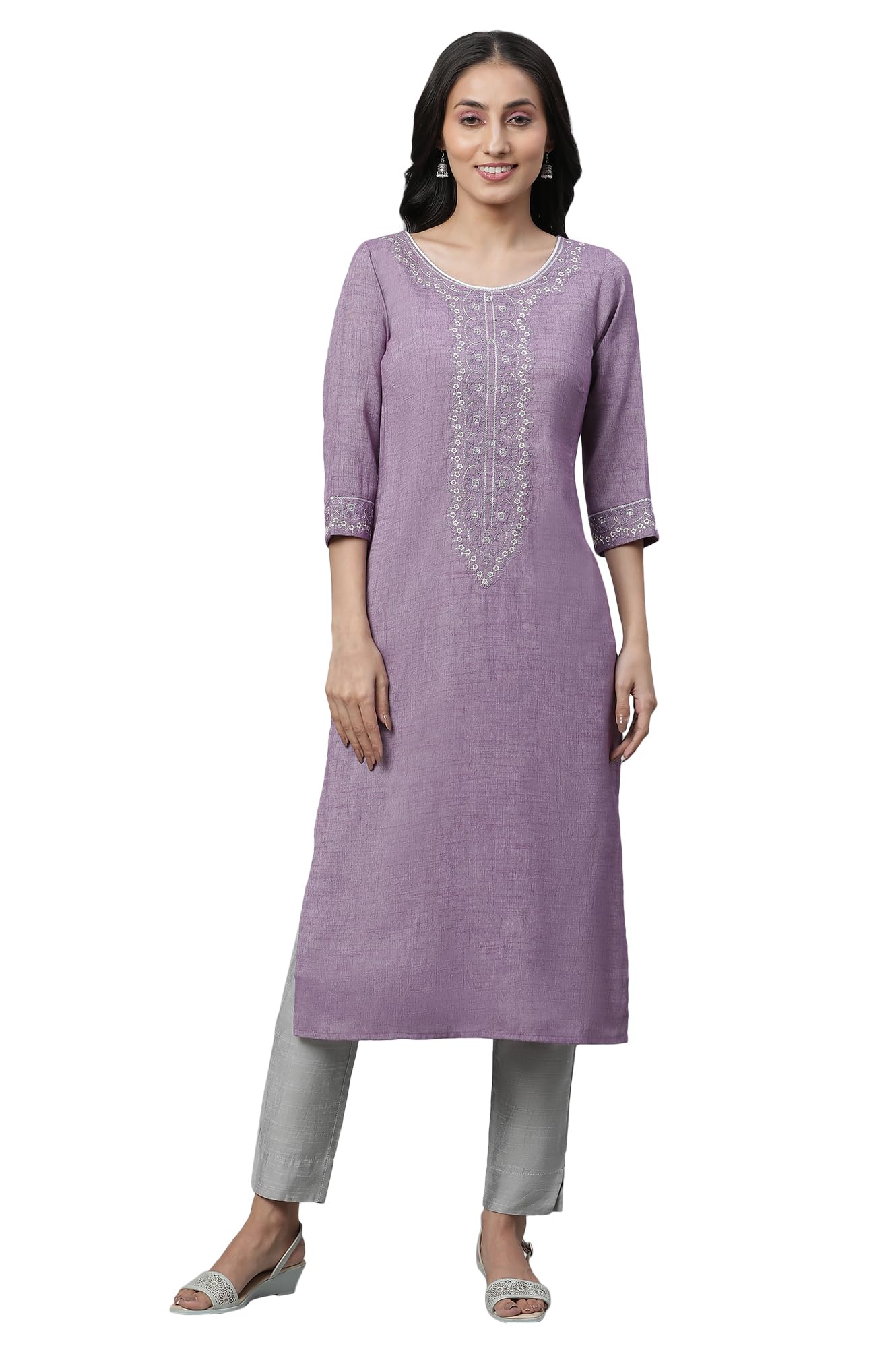 Aurelia Purple Embroidered Blend Straight Long Kurta