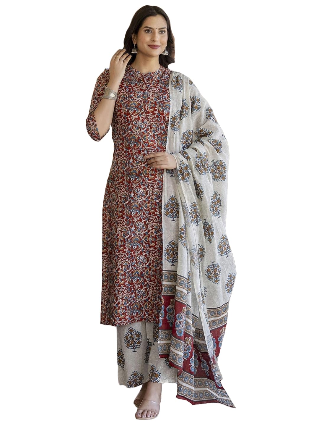 ANNI DESIGNER Women s Cotton Blend Printed Kurta Set with Dupatta, Burgundy, XL