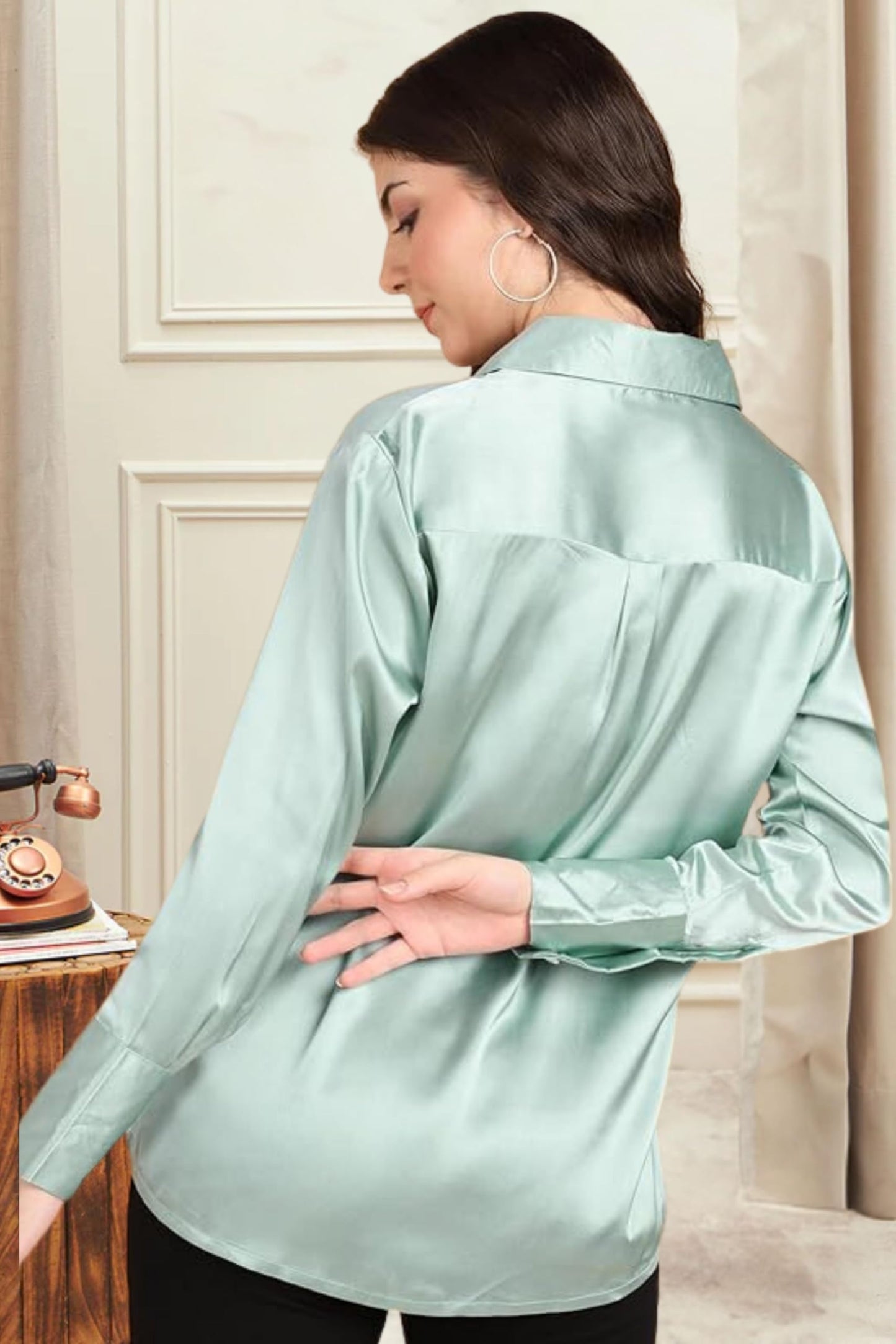 POPWINGS Women Polyester Solid Satin Shirt | Satin Shirts Stylish Western| Regular Fit and Full-Sleeves Casual and Semi-Formal S