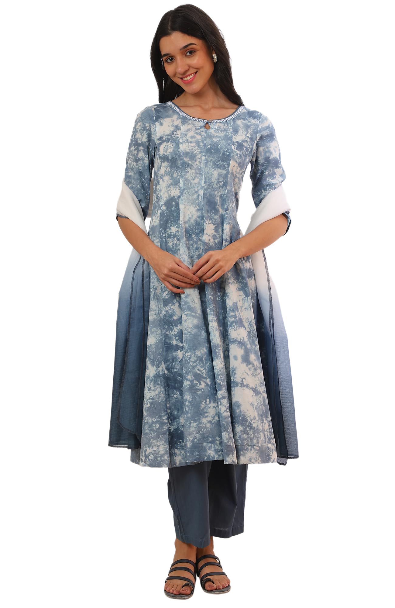 Aurelia Women's Blue Printed Flarred Kurta with Palazzo & Dupatta Set