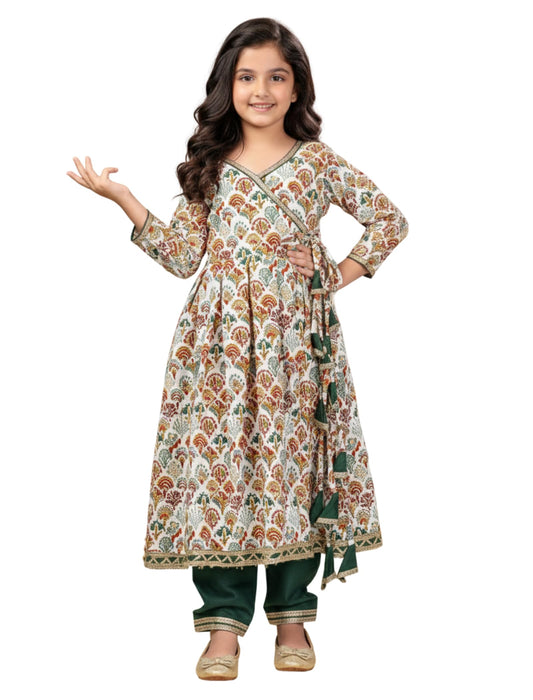 Naixa GirlS Rayon Anarkali Cream Printed Tassel Tie Kurta Set With Churidar Outfit V Nack 3/4 Sleeves And Golden Lace Dupatta (