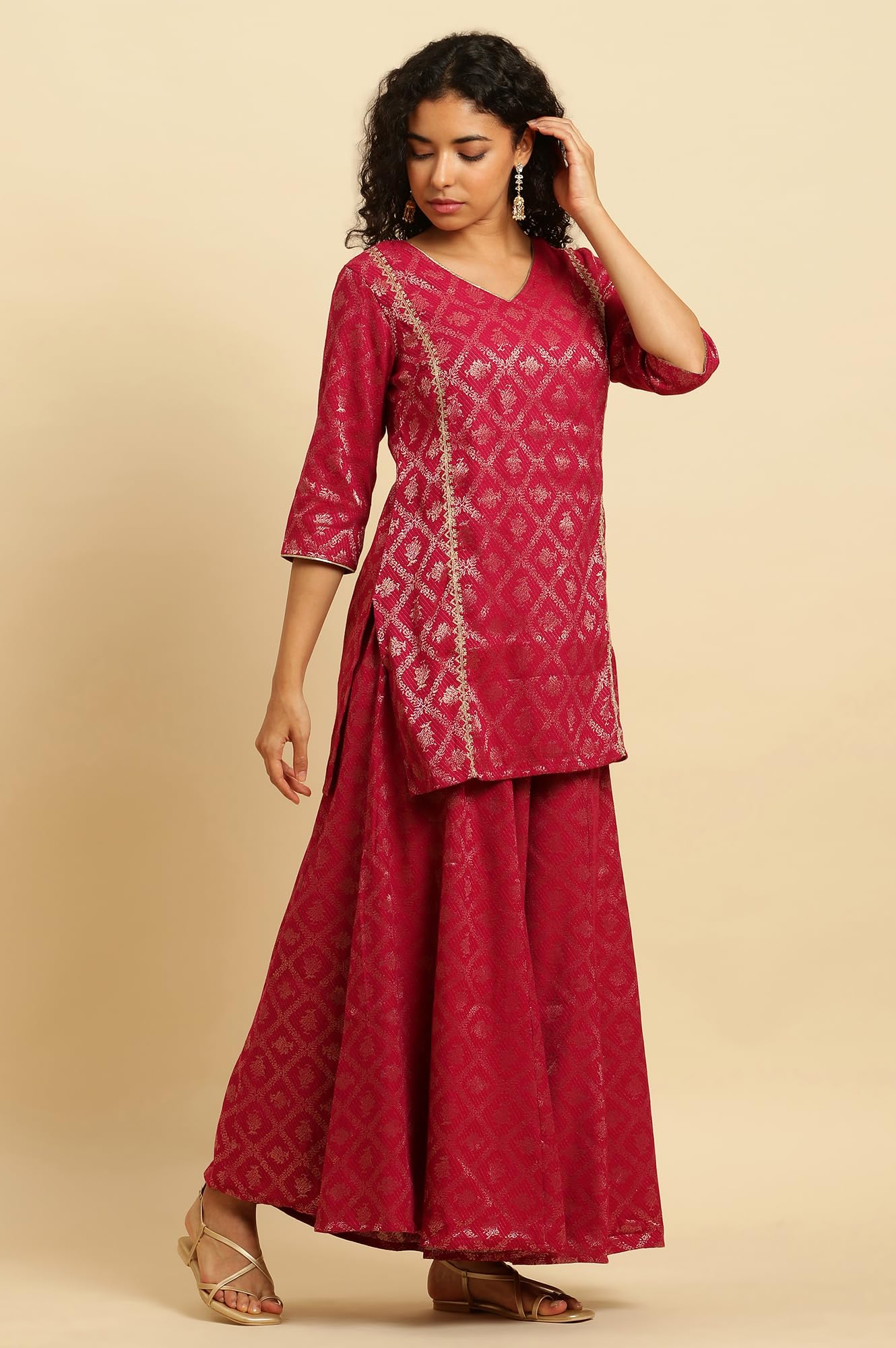 W For Woman Pink Geometric Printed Metallic Embroidered Rayon Kurta Dupatta Bottomwear