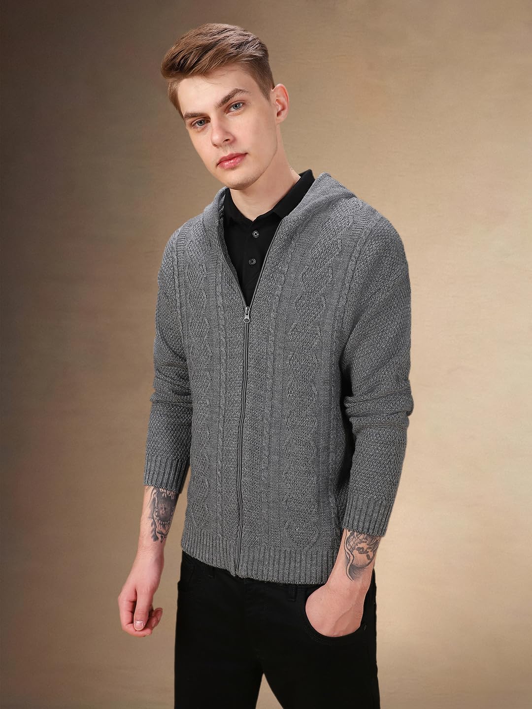 Dennis Lingo Men Solid Acrylic Regular Fit Full Sleeves Cardigan Sweater Grey Melange