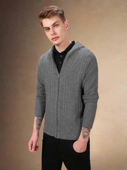 Dennis Lingo Men Solid Acrylic Regular Fit Full Sleeves Cardigan Sweater Grey Melange
