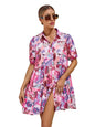 Shasmi WomenS Purple Flower Print Short Sleeve Button Front All-Over Printed Dresses, Ruffle Hem Smock Dress For Woman (161 Dre