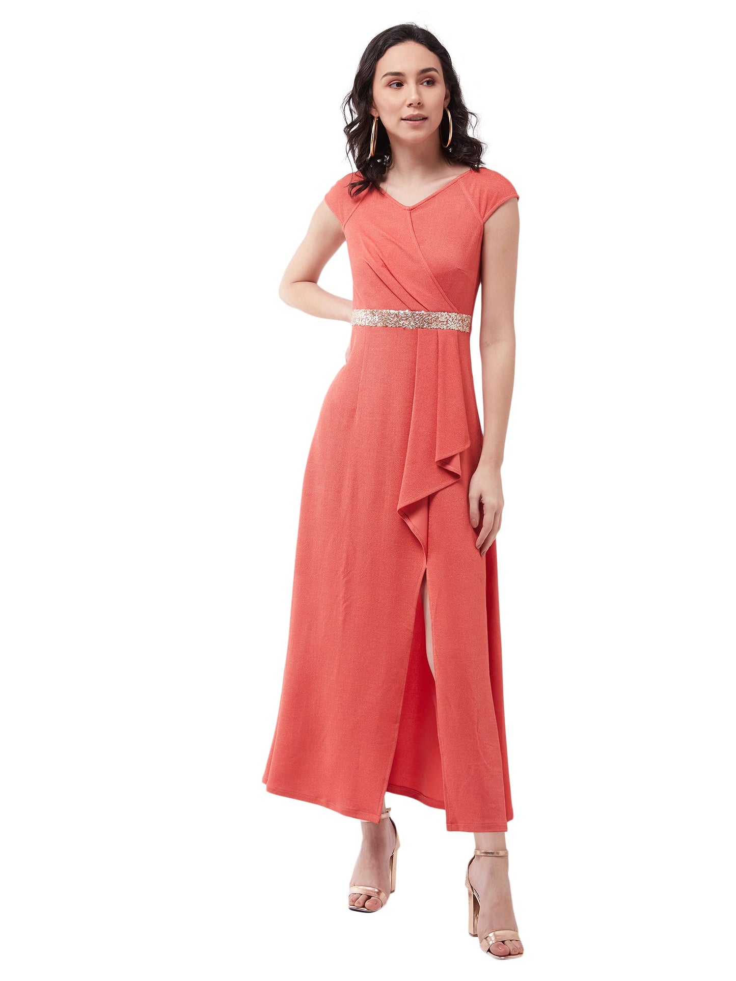 Miss Chase WomenS Coral V-Neck Raglan Sleeve Solid Embellished Maxi Jumpsuit (Mcaw21D06-15-180-05,Coral,L)