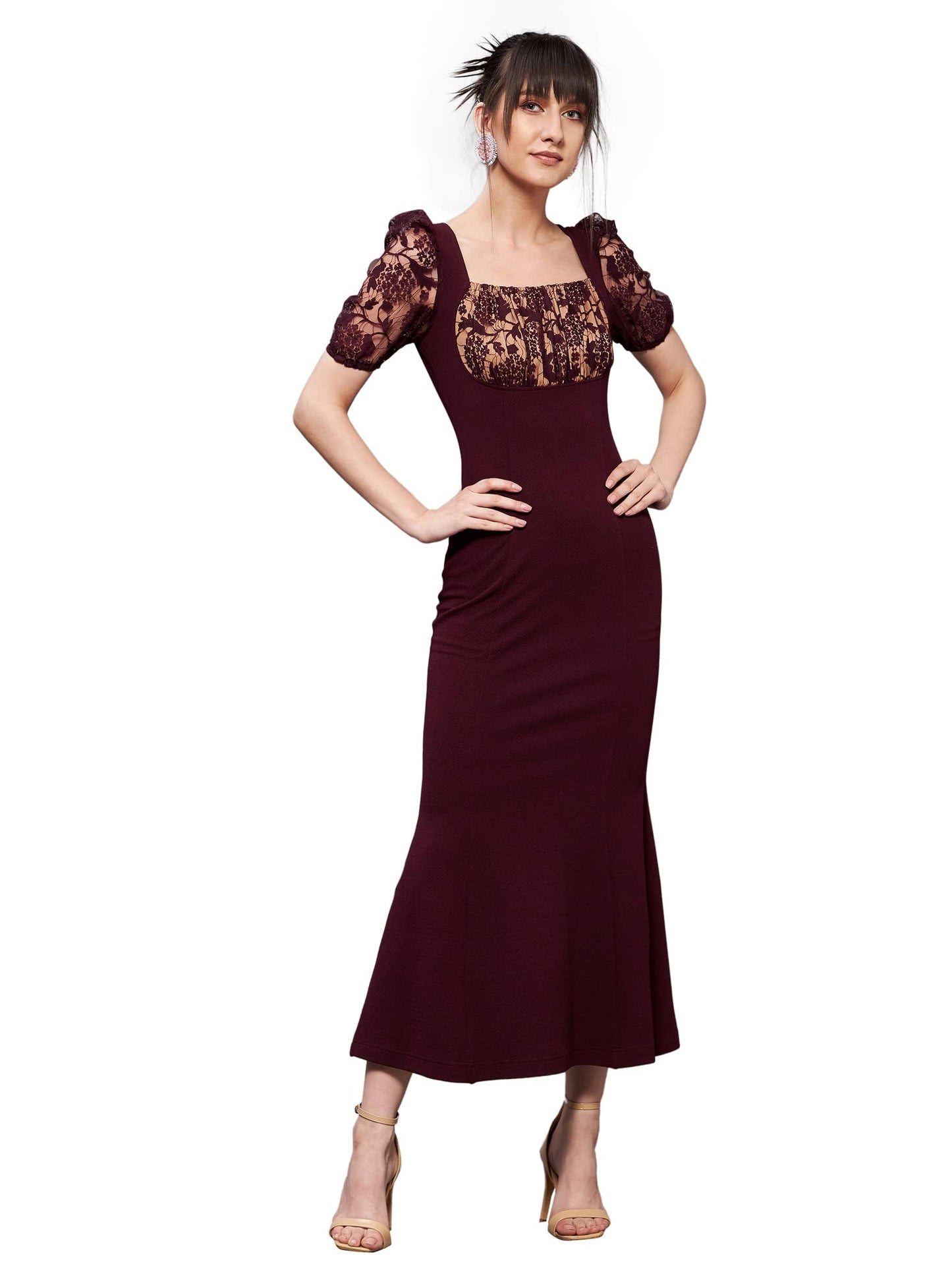 Miss Chase Womens Square Neck Short Puff Sleeve Self Design Lace Overlaid Bodycon Midi Dress (MCSS23D79-01-184-02, Wine, XS)