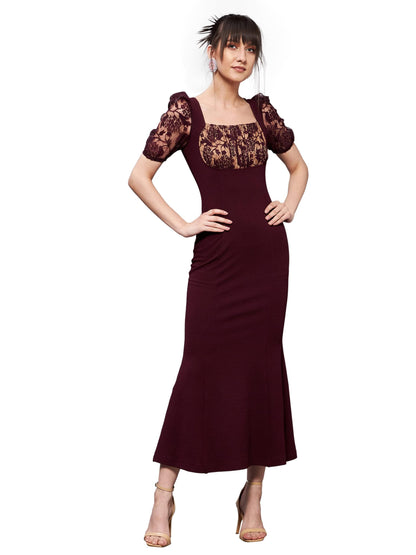 Miss Chase Womens Square Neck Short Puff Sleeve Self Design Lace Overlaid Bodycon Midi Dress (MCSS23D79-01-184-02, Wine, XS)