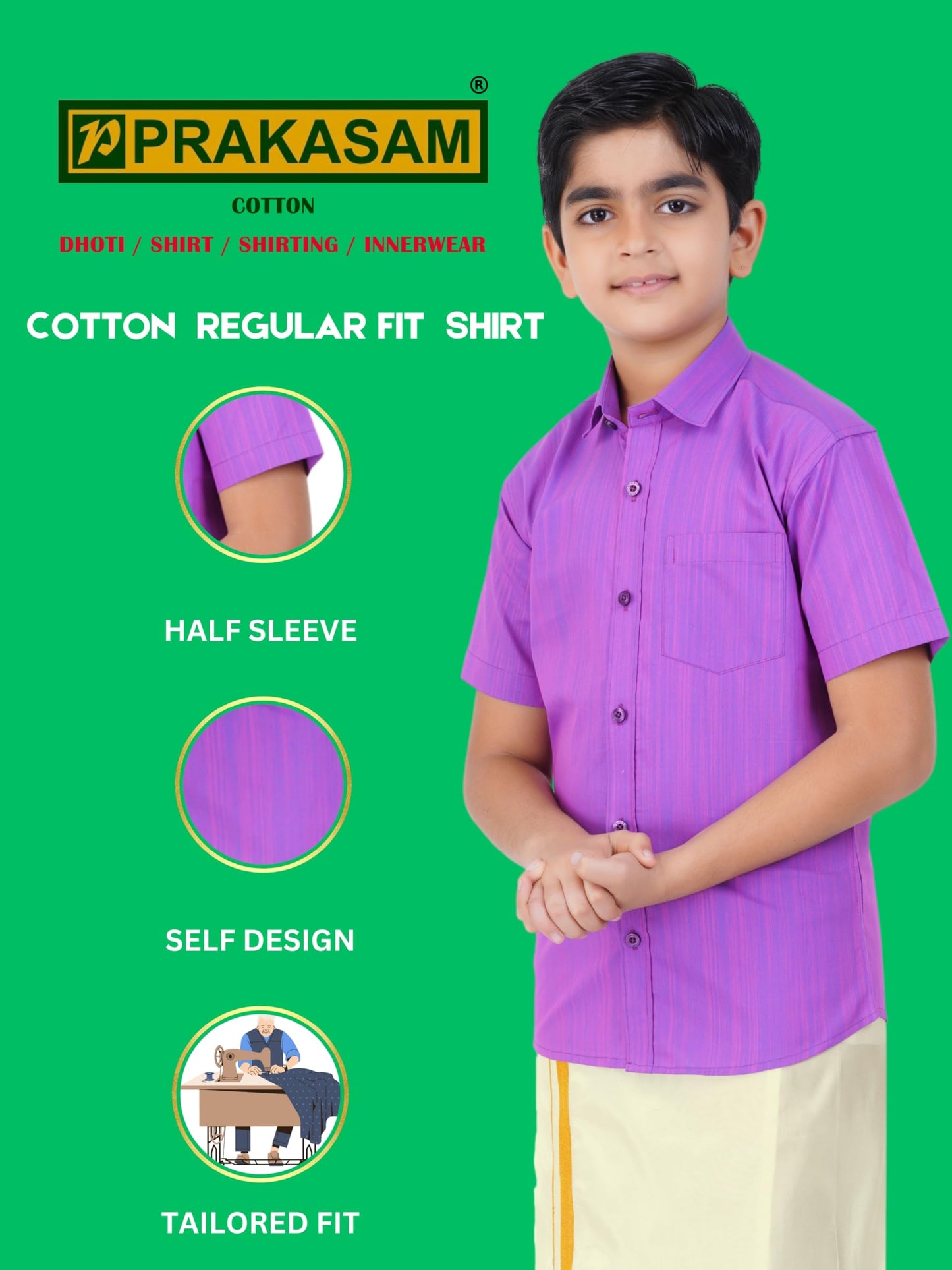 Boys Cotton Half Sleeve Self Design Shirt With Stitched Art Silk Dhoti For Boys (Madriyad-Lavender)