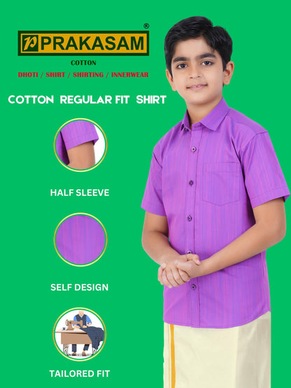Boys Cotton Half Sleeve Self Design Shirt With Stitched Art Silk Dhoti For Boys (Madriyad-Lavender)