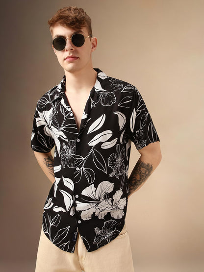 Dennis Lingo Men Black Rayon Half Sleeve Cuban Collar Printed Shirts_Dlmshsp24001