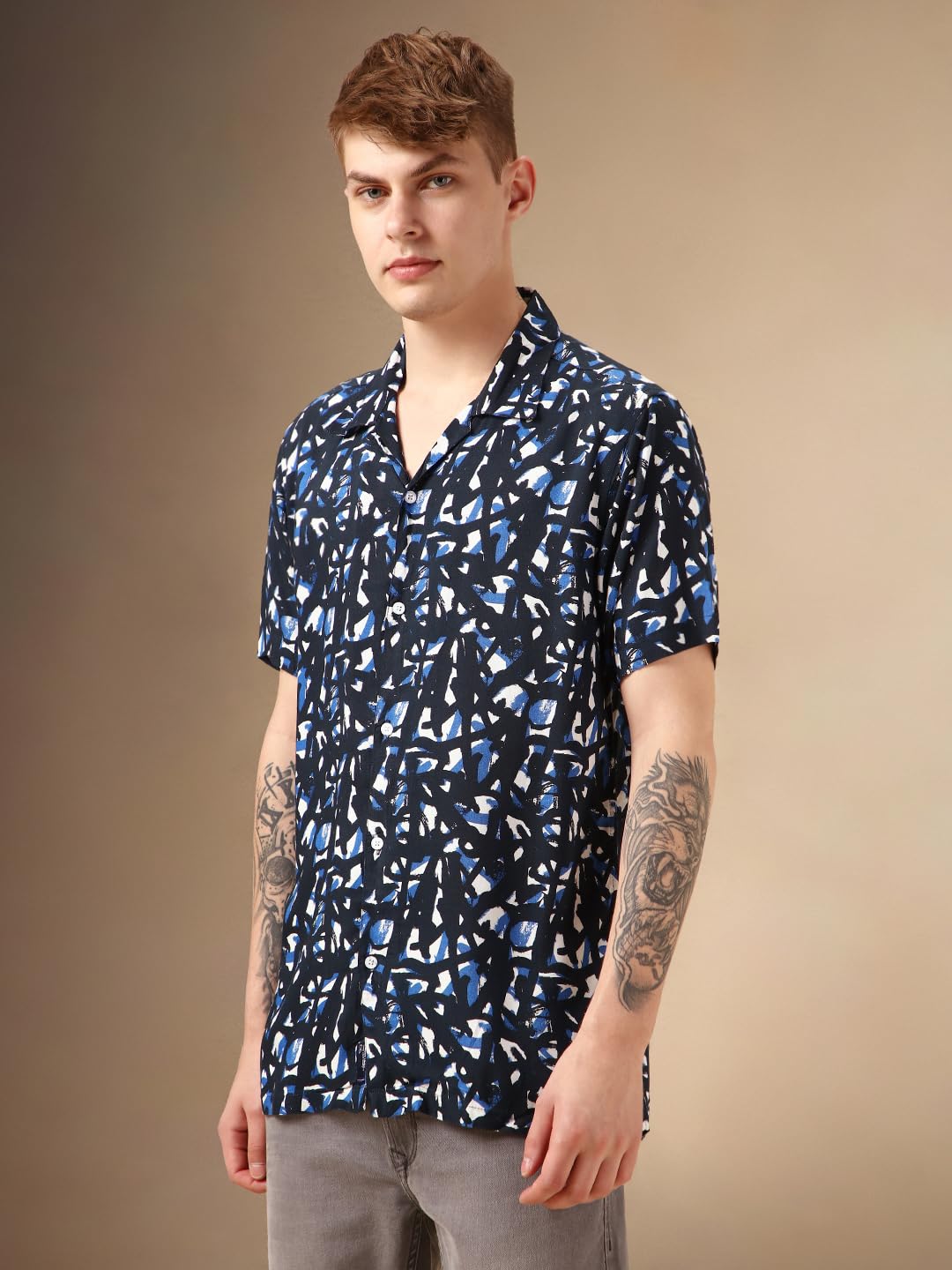 Dennis Lingo Men Navy Blue Rayon Half Sleeve Cuban Collar Aop Shirts_Dlmshmjj24001