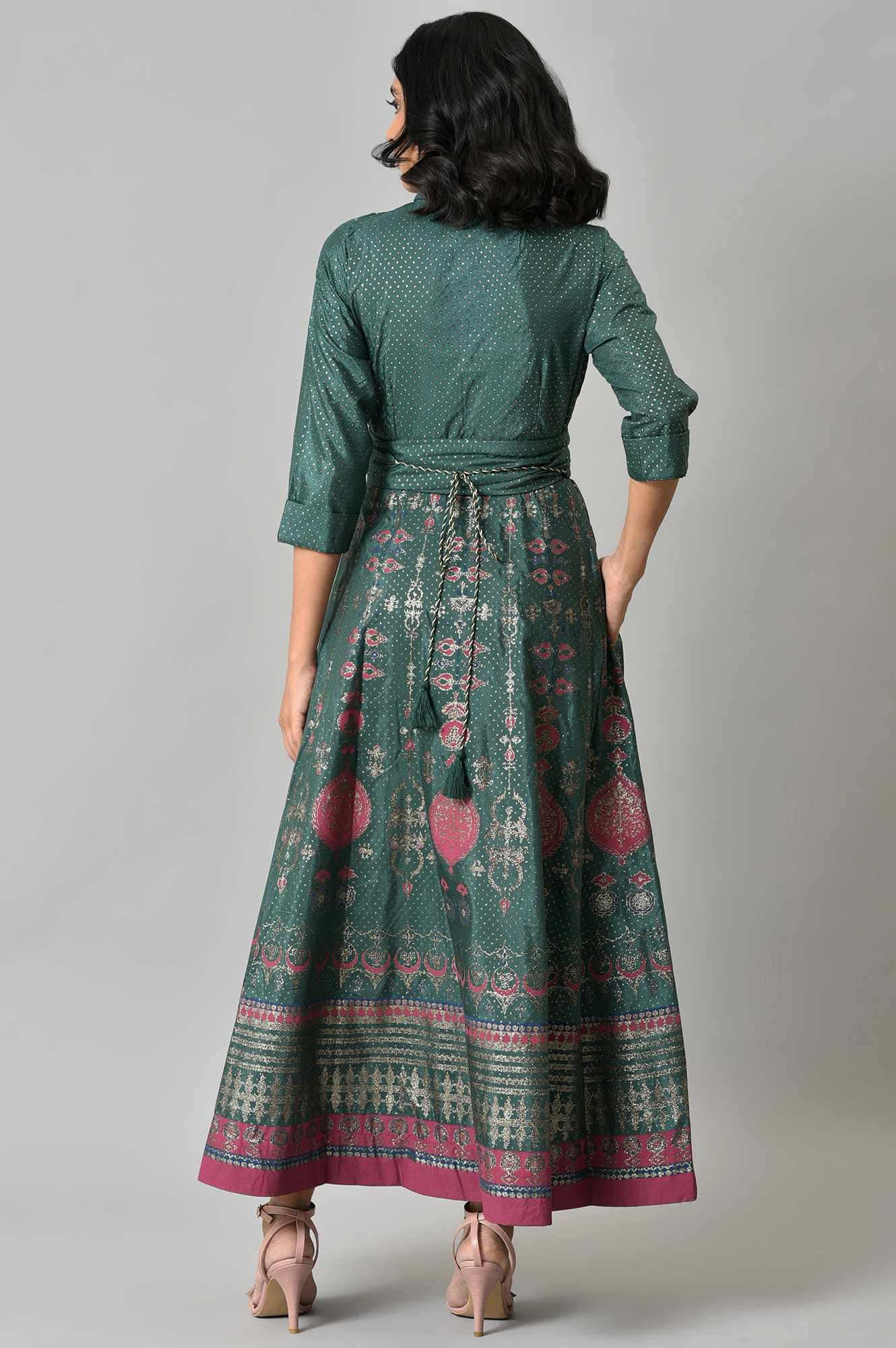 W For Woman Green Synthetic Foil Maxi Dress With Metallic Embroidery