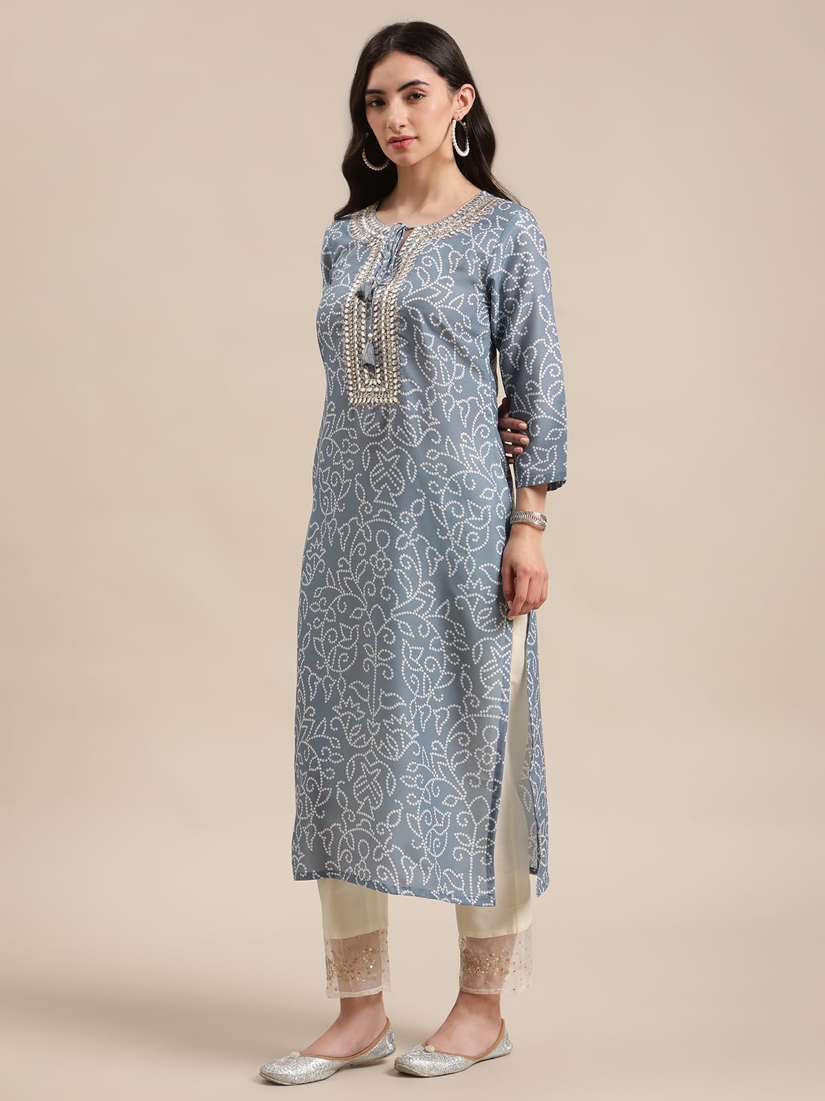 Varanga Bandhej Gota Patti Embroidery Straight Kurta with Dori Tassel Embellishment.