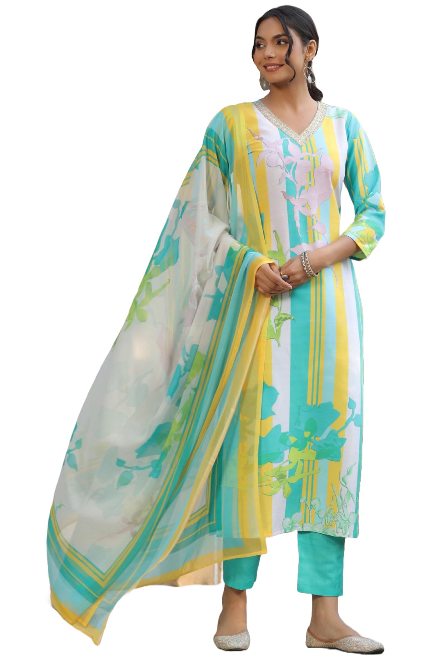 ANNI DESIGNER Ladies Cotton Kurta with Trousers and Dupatta, green, S