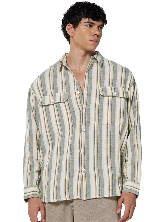 Bewakoof Mens Striped Oversized Fit Full Sleeve Collar Cotton Shirt_677848_Grey_XL
