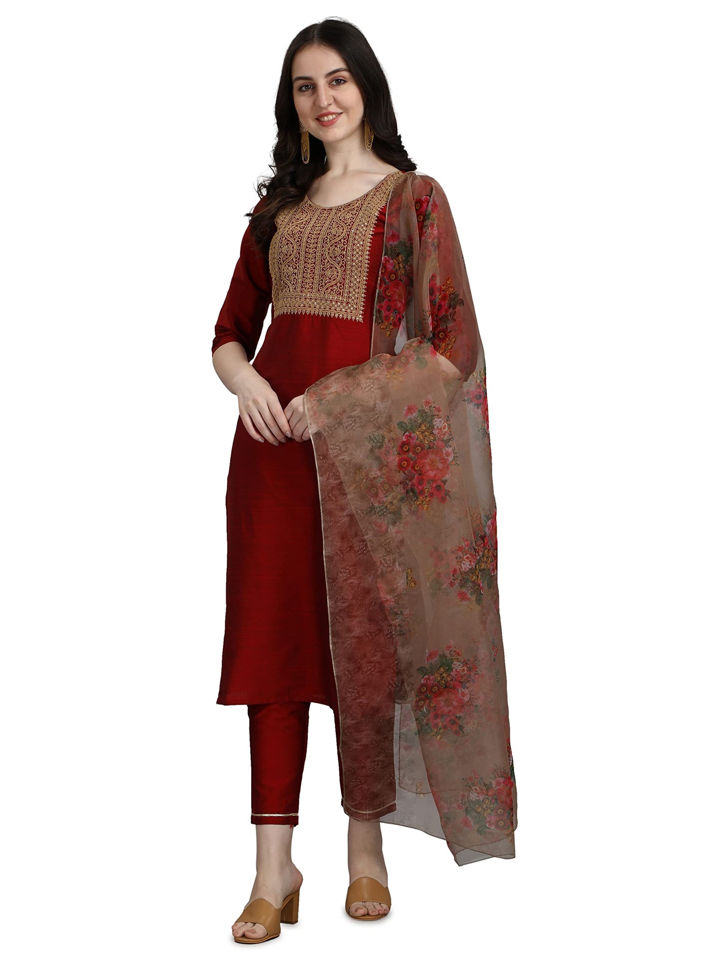 Vredevogel WomenS Embroidered Cotton Silk Blend Kurta Pant With Dupatta Set, Maroon Medium