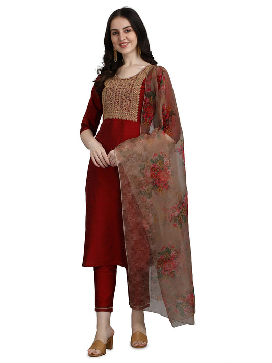 Vredevogel WomenS Embroidered Cotton Silk Blend Kurta Pant With Dupatta Set, Maroon Medium