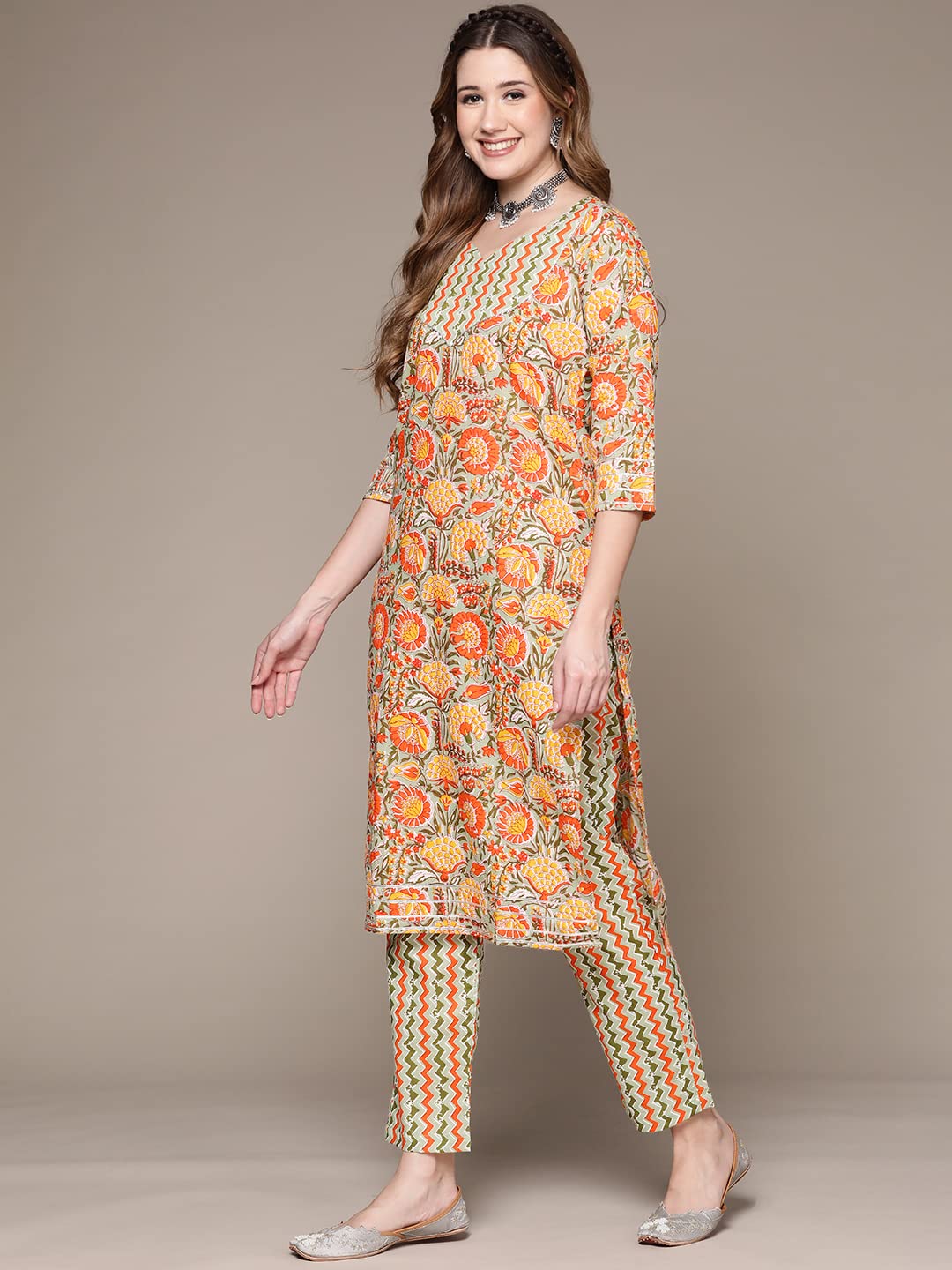 anubhutee Women Cotton Printed Straight Kurta Suit Set With Dupatta & Pants