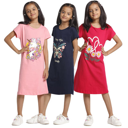 T2F Girls Half Sleeve 100% Cotton Knee Length Printed Nightgown, Nightdress, Sleepwear (Pack of 3)