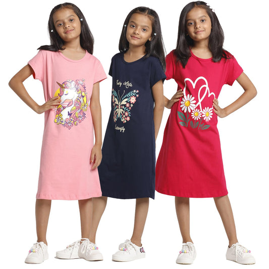 T2F Girls Half Sleeve 100% Cotton Knee Length Printed Nightgown, Nightdress, Sleepwear (Pack of 3)