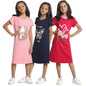 T2F Girls Half Sleeve 100% Cotton Knee Length Printed Nightgown, Nightdress, Sleepwear (Pack of 3)