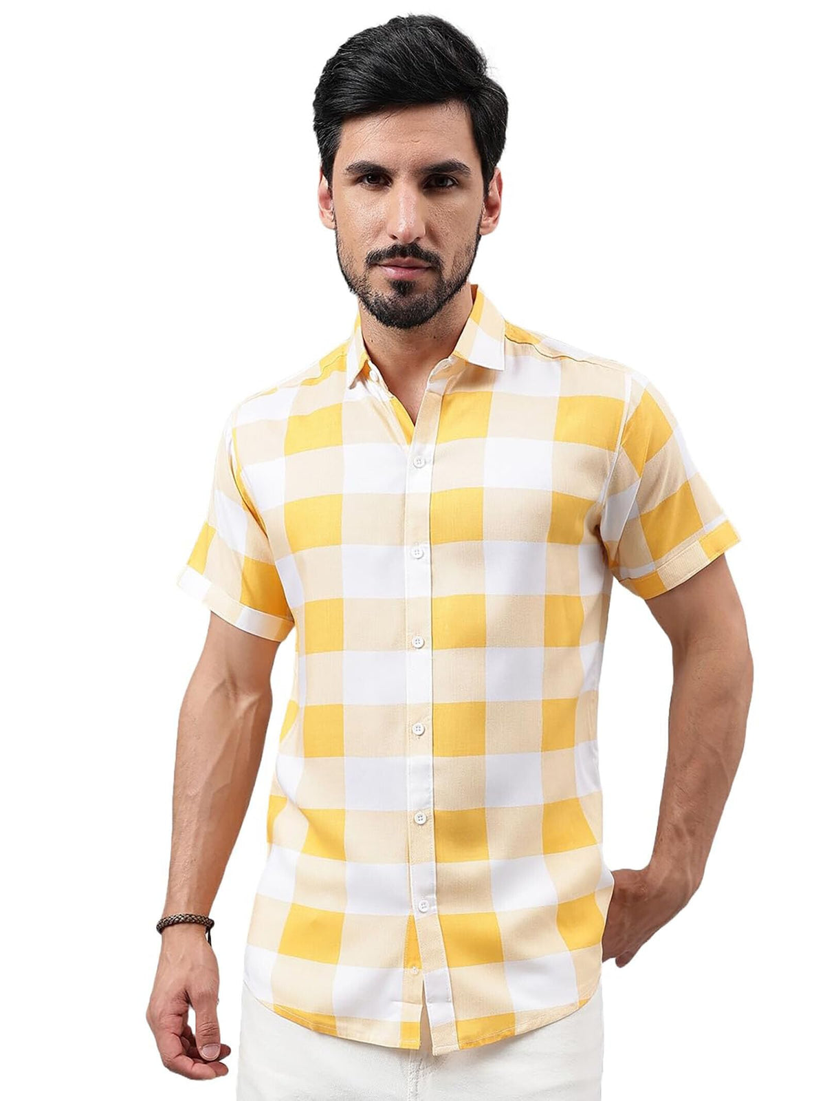 Besix MenS Yellow Rayon Printed Regular Fit Casual Shirt For Man - Poket, Short Sleeves, Spread Collar For Stylish Summer - Dai