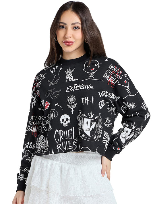 Bewakoof Official Disney Merchandise Cruella Womens All Over Printed Oversized Fit Full Sleeve Round Neck Cotton Blend Sweatshi