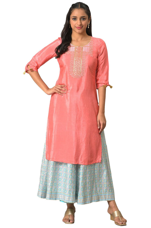 Aurelia WomenS Rayon Solid Regular Peach Zari Embroidered Kurta (23Fea13993-605603