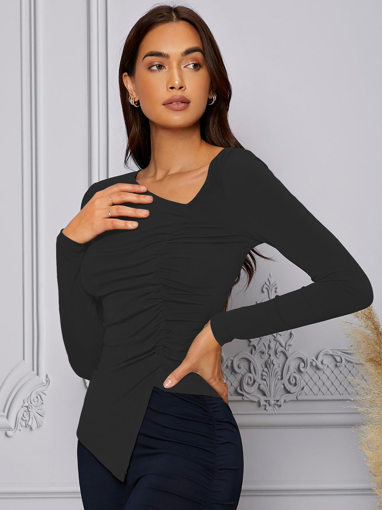 Shasmi Womens & Girls Black Long Sleeve Asymmetrical Neck Solid Color Ruched Front Asymmetrical Hem Tee Workwear Fancy Top, T-