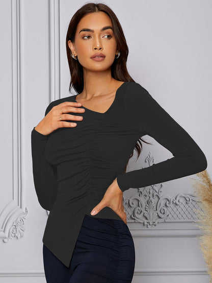 Shasmi Womens & Girls Black Long Sleeve Asymmetrical Neck Solid Color Ruched Front Asymmetrical Hem Tee Workwear Fancy Top, T-