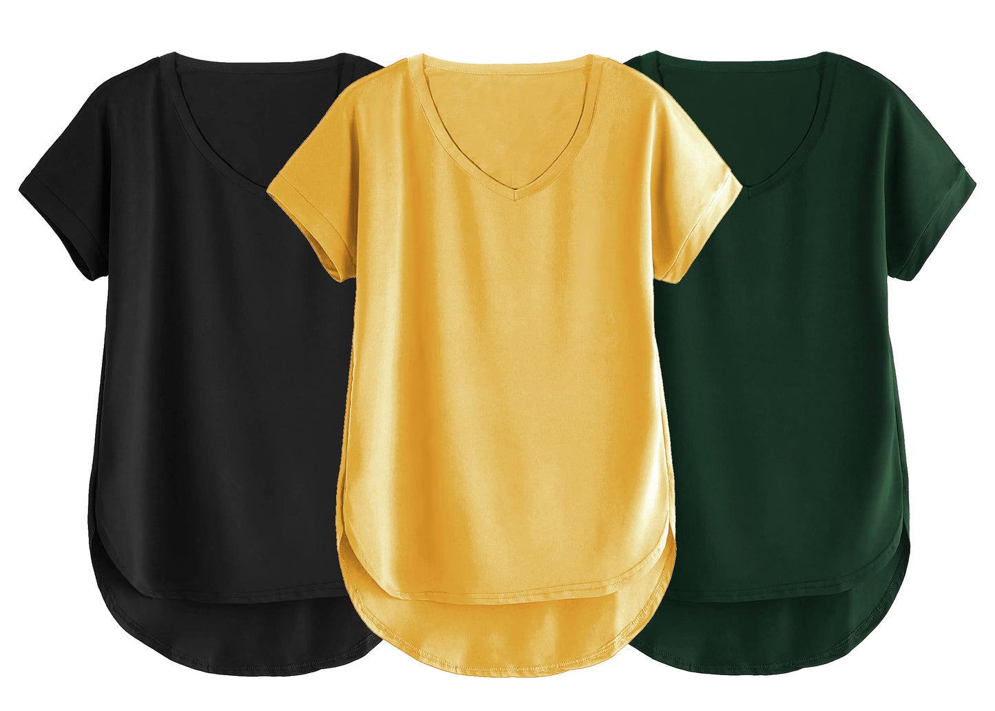 Fabricorn Combo Of Three Plain Bottle Green, Black And Mustard Yellow V-Neck Up And Down Cotton Tshirt For Women (Bottle Green,