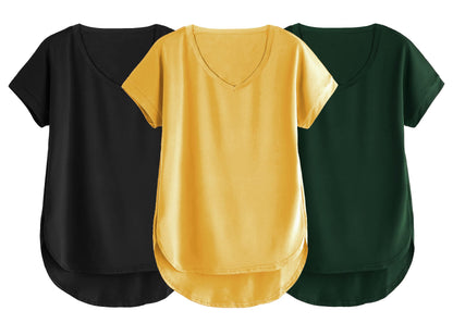 Fabricorn Combo Of Three Plain Bottle Green, Black And Mustard Yellow V-Neck Up And Down Cotton Tshirt For Women (Bottle Green,