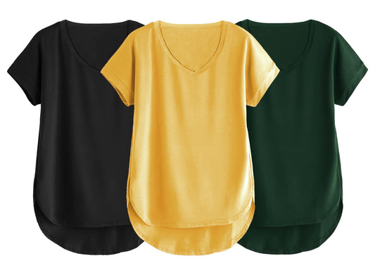 Fabricorn Combo Of Three Plain Bottle Green, Black And Mustard Yellow V-Neck Up And Down Cotton Tshirt For Women (Bottle Green,