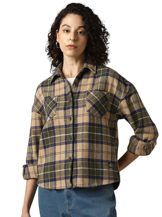 Hubberholme Women Cotton Check Oversized Fit Spread Collar Full Sleeves Shirts