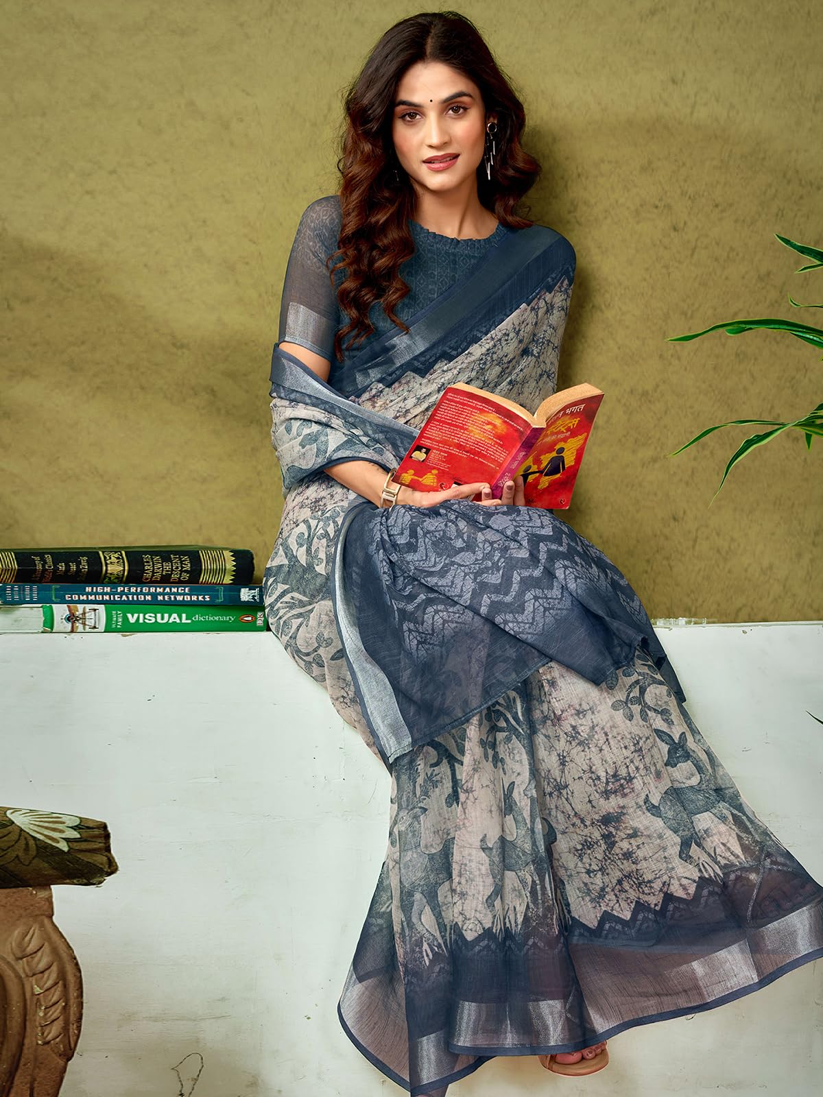 Satrani WomenS Linen Zari Border Printed Ready To Wear One Minute Pre Pleated Readymade Saree With Unstitched Blouse Piece (33R