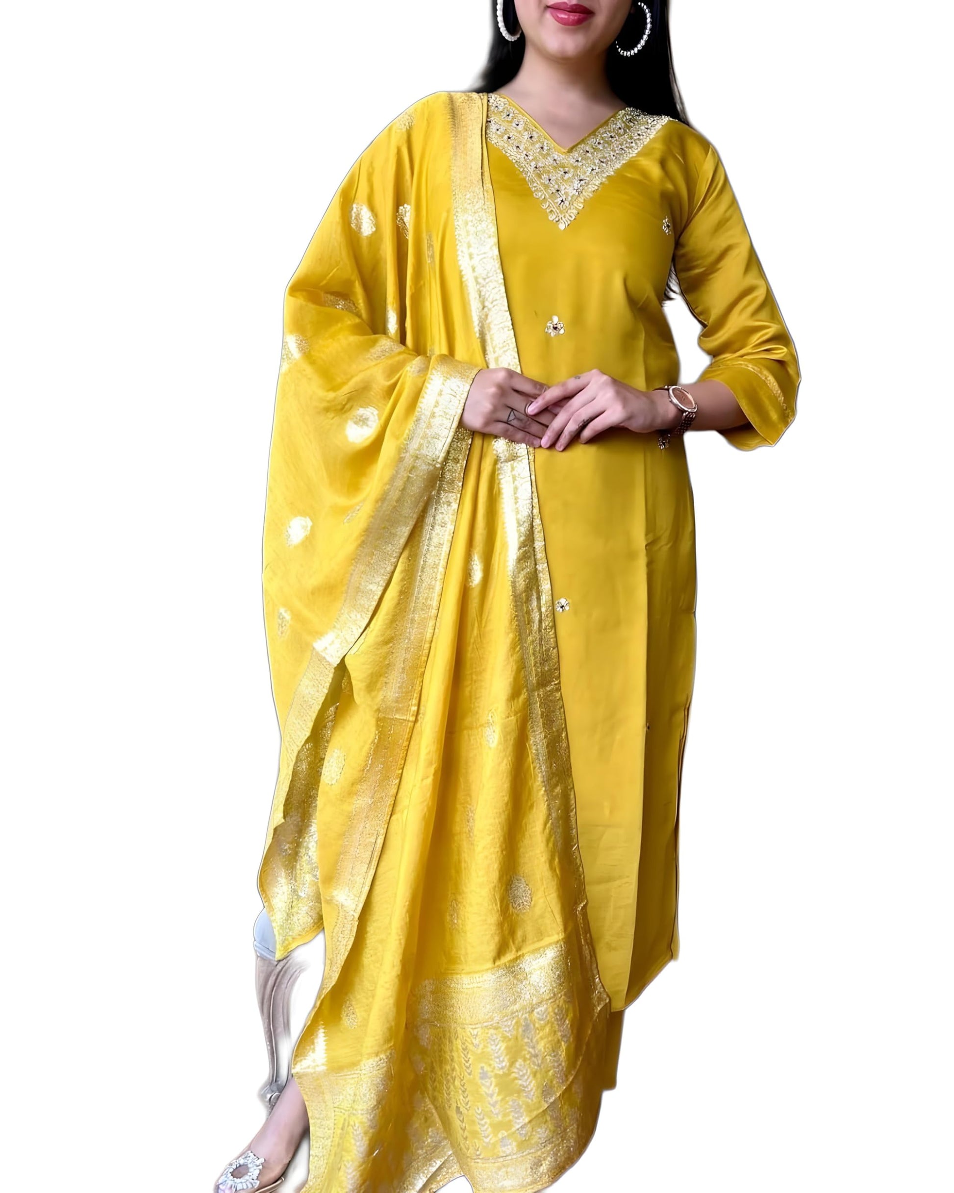 Satpurush WomenS Yellow Cotton Silk V-Neck 3/4Th Sleeve Floral Embroidery Straight Kurta Salwar Suit Set With Pant(B-153-A-Yell