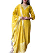 Satpurush WomenS Yellow Cotton Silk V-Neck 3/4Th Sleeve Floral Embroidery Straight Kurta Salwar Suit Set With Pant(B-153-A-Yell