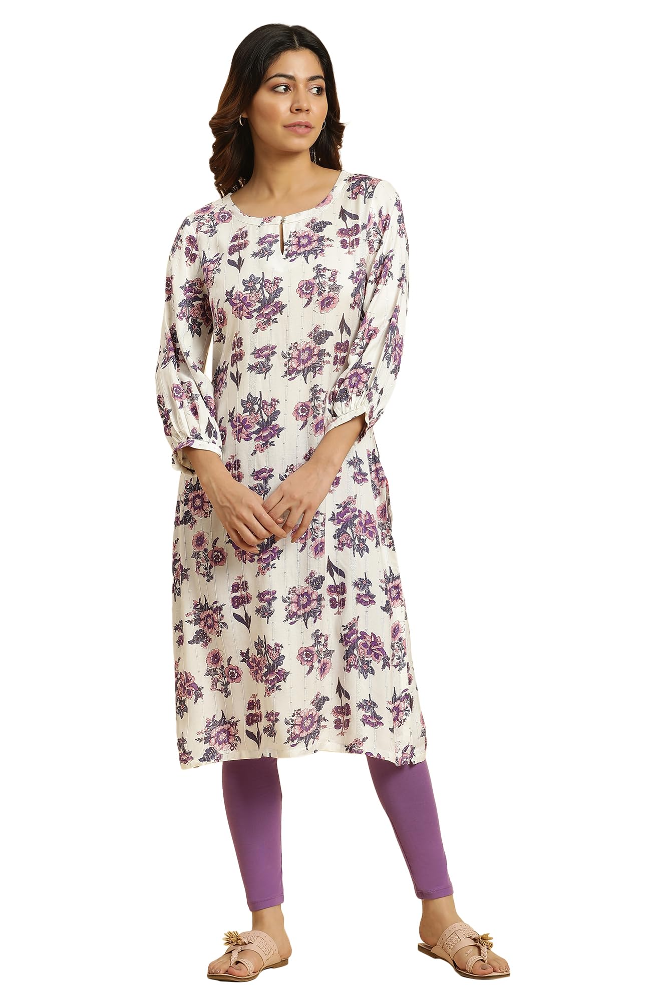 W White Floral Printed Gota Regular Kurta For Women
