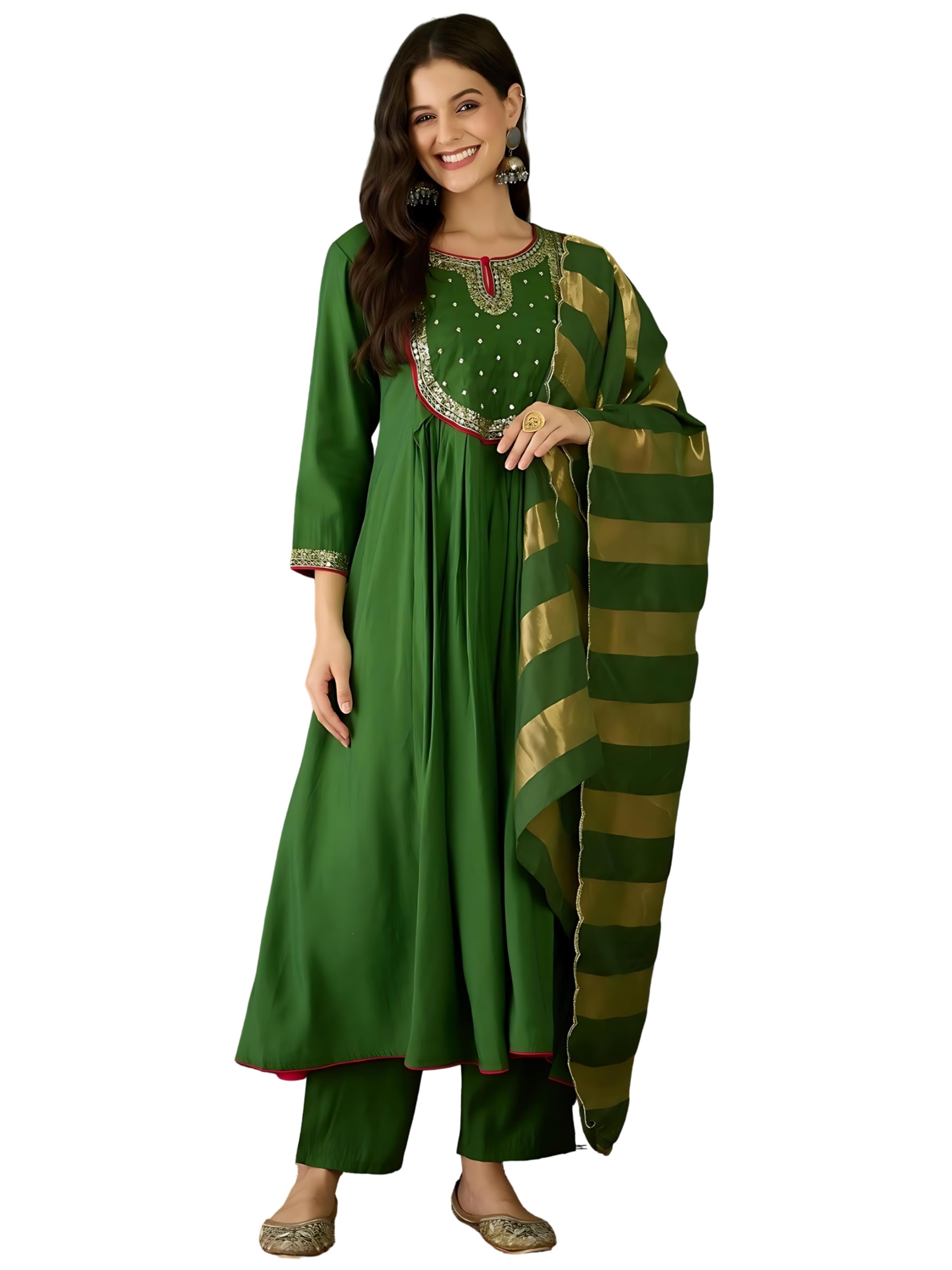 Naixa WomenS Chanderi Embroidered Flared Kurta With Pant And Dupatta Sets For Wedding Party And Festival Wear (Nx-762-Light-Gre