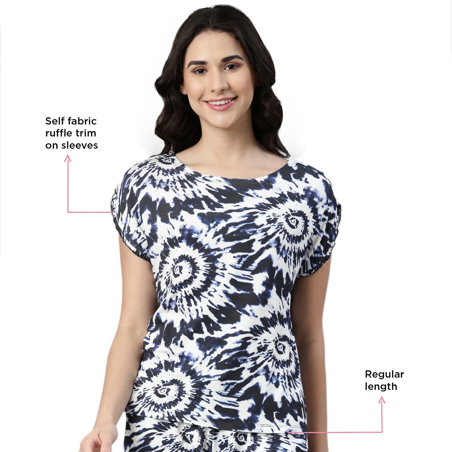 Enamor EC14 Tie & Dye Printed Home Tee and Shorts Set for Women with Ruffled Trim