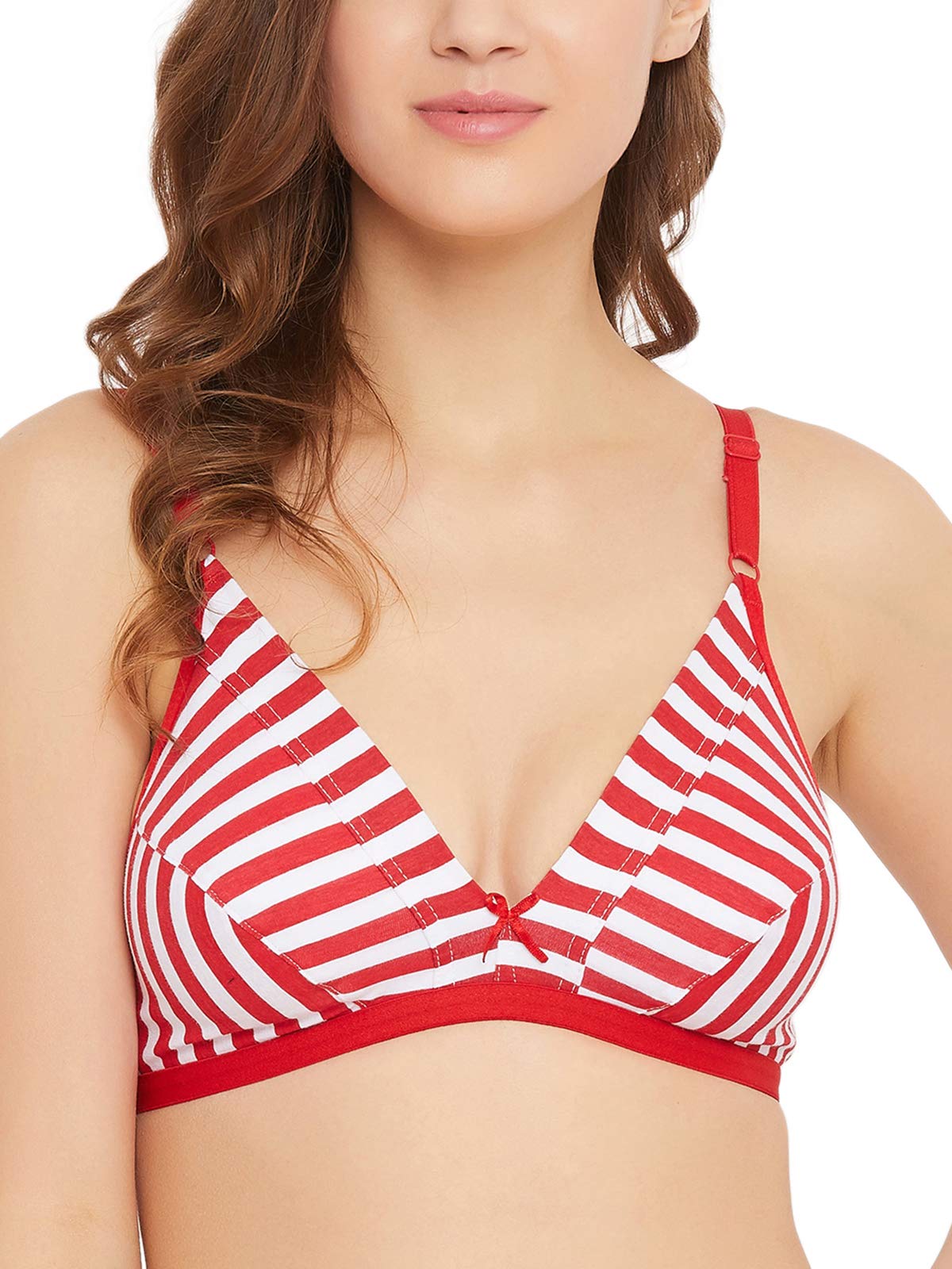 Clovia Womens Cotton Non-Padded Non-Wired Demi Cup Striped Plunge Bra (BR1595P04_Red_32C)
