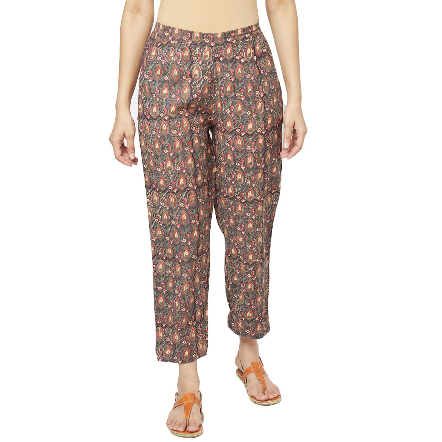Fabindia Women Linen Printed Tapered Pant Cotton_L Purple