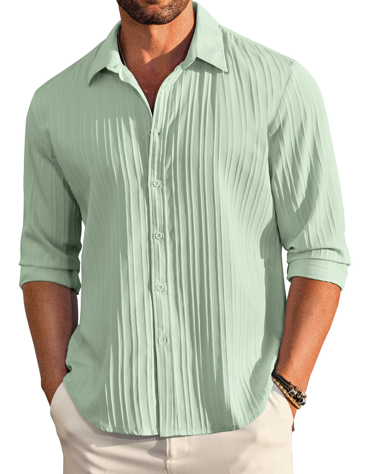 Deelmo MenS Casual Button Down Shirts Long Sleeve Linen Shirt Fashion Textured Beach Summer Shirt Light Green