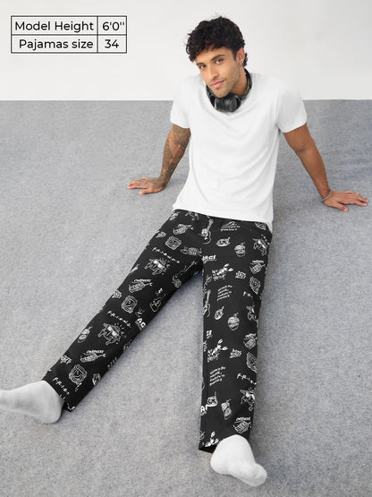 The Souled Store FRIENDS: Doodle Men and Boys Drawstring Waist Black All Over Printed Cotton Regular Fit Lightweight All-Season