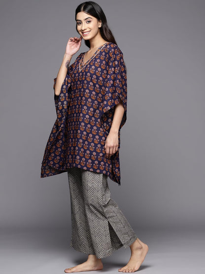 Libas Womens Printed Cotton Night Suit Set For Women Navy Blue