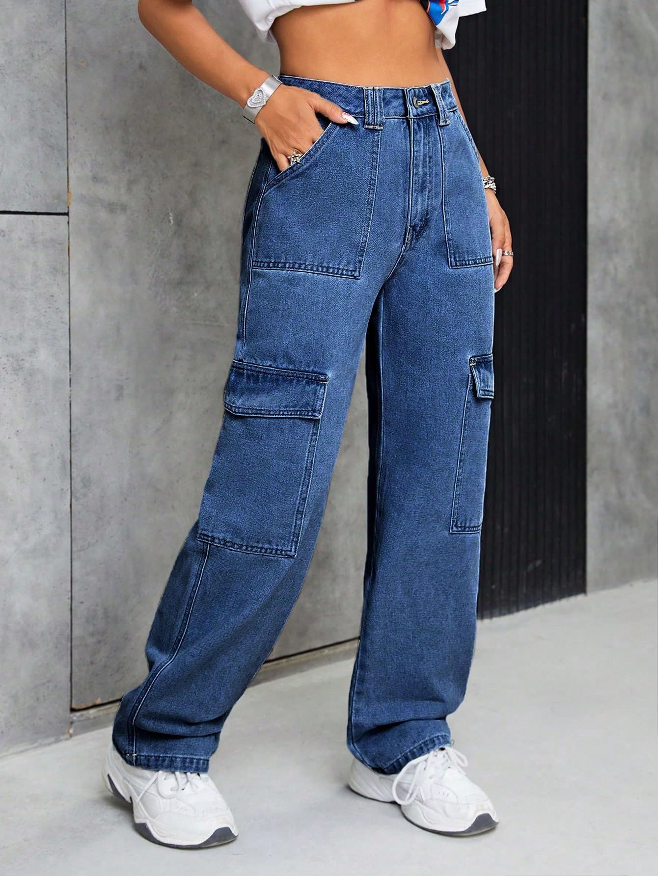 Kotty WomenS Solid High Rise Relaxed Fit Cargo Jeans(Blue,34)