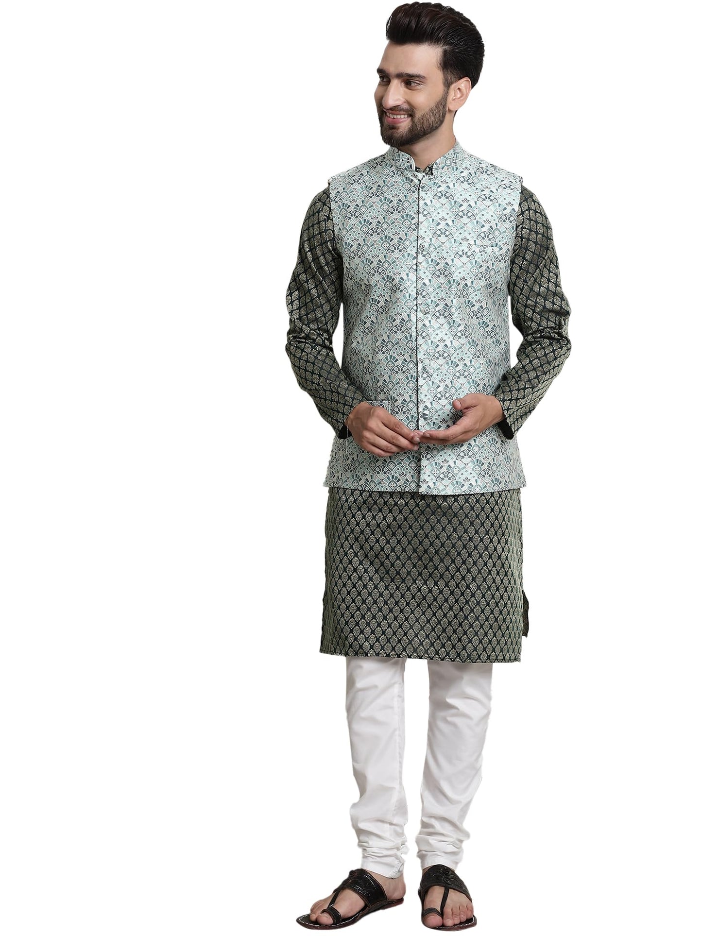 SOJANYA (Since 1958 Men's Jacquard Silk Dark Green Kurta and Cream Pyjama With TGreen Nehrujacket